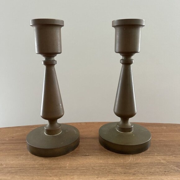 Vintage Pair Mid-Century Heavy Solid Brass Candlesticks  Height 7" / Base 3 1/8" - Picture 1 of 4